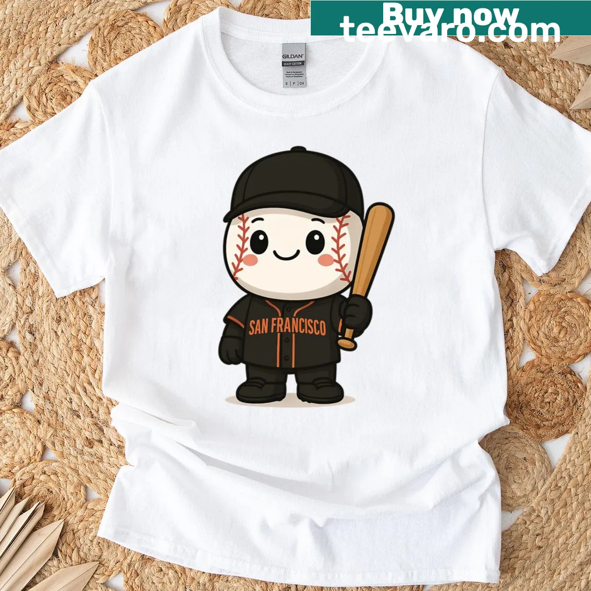 Chibi-style San Francisco Giants character illustration on a t-shirt — on a men's t-shirt