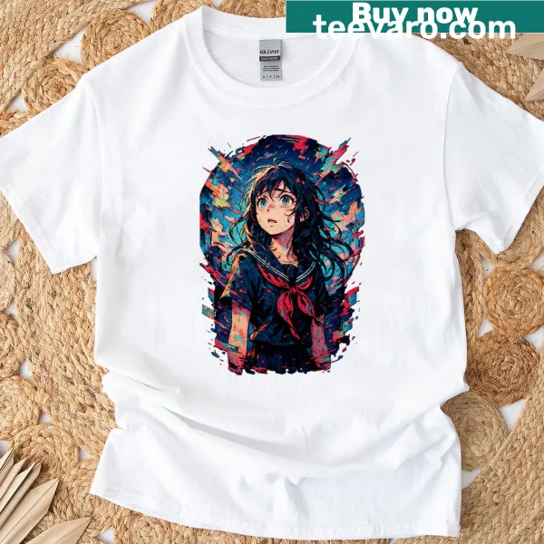 Glitch effect T-shirt featuring an anime girl in cyberpunk style