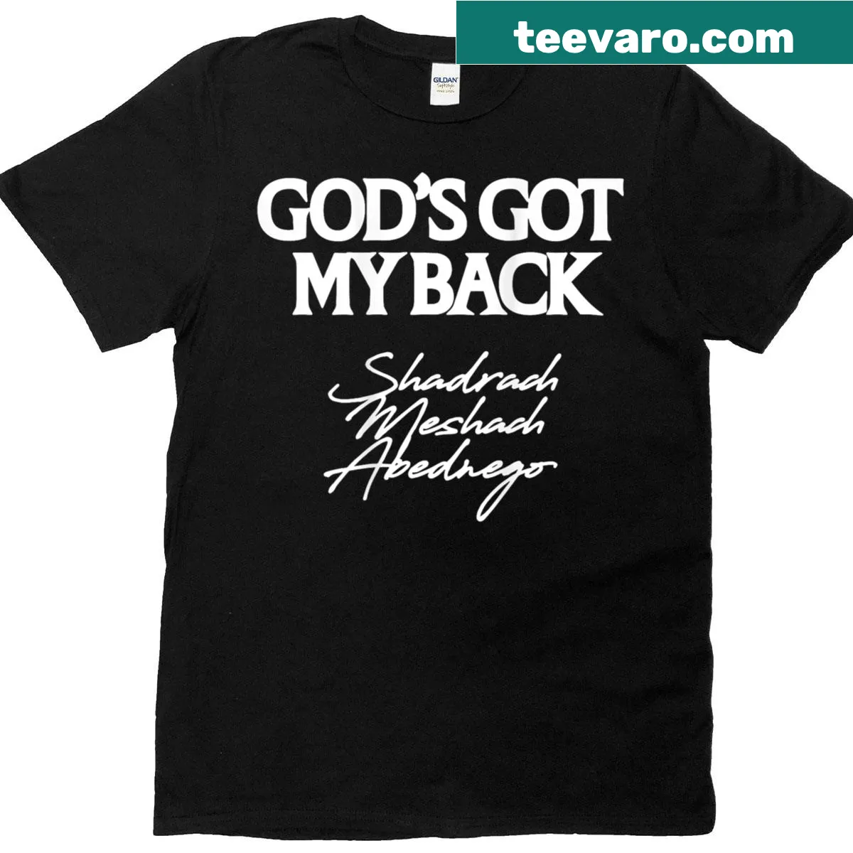 Funny back t-shirt referencing biblical figures with inspirational text — on a men's t-shirt