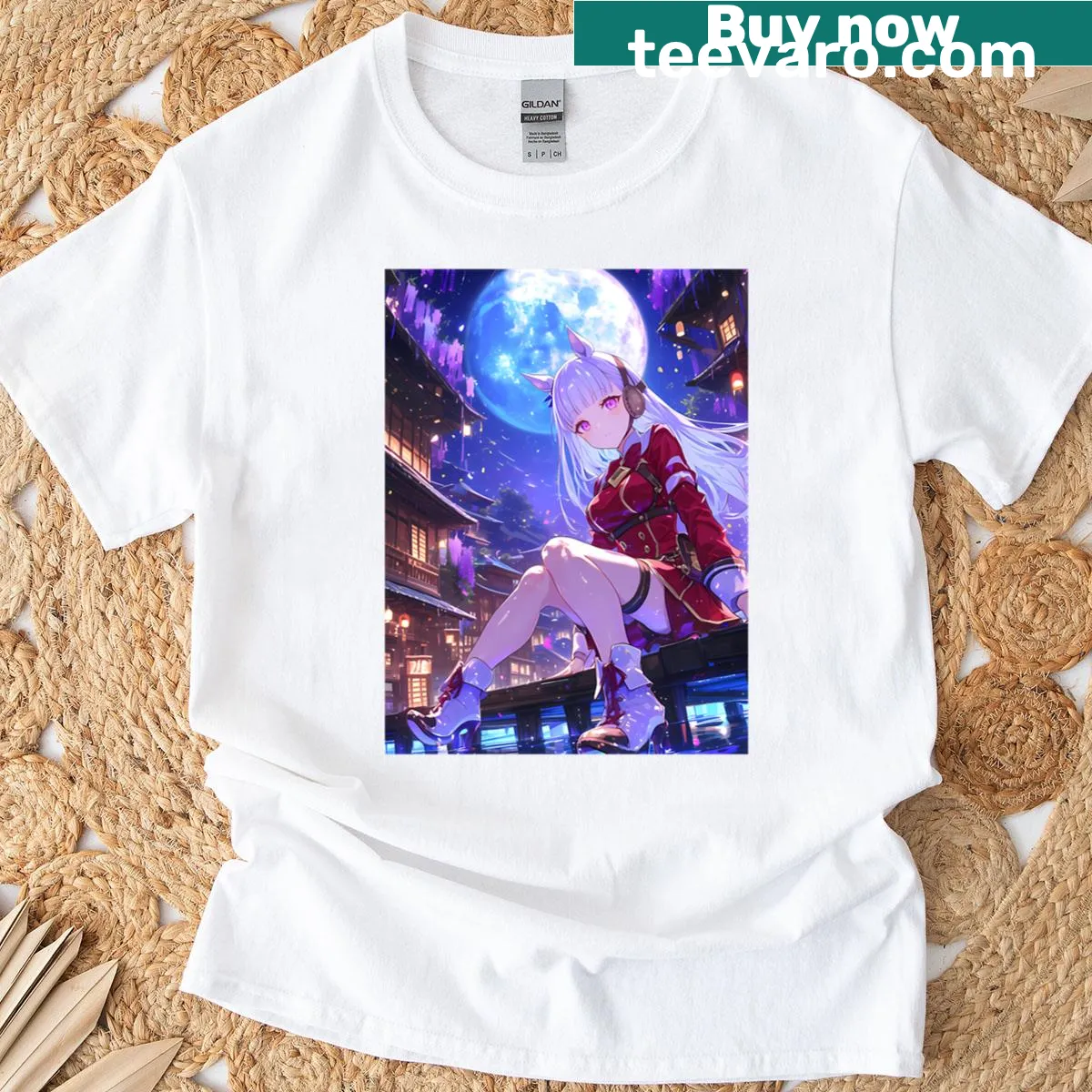 Anime girl on a golden ship with a lunar fantasy background — on a men's t-shirt