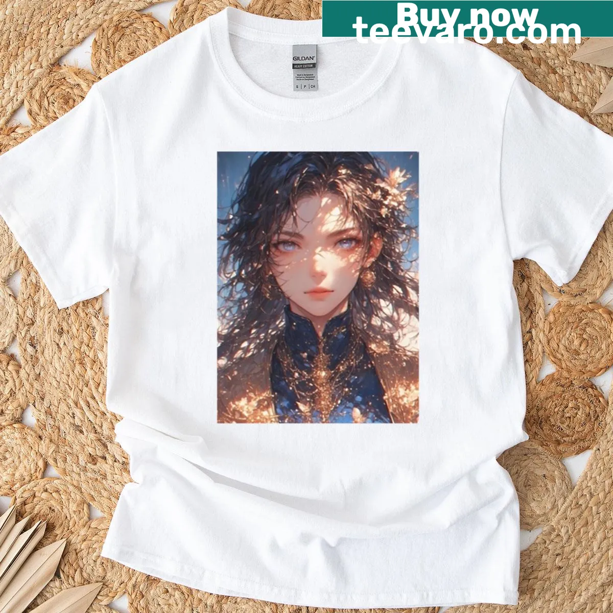 Mystic warrior with golden core in sparkling light — on a men's t-shirt