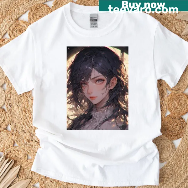 Illustration of a dark-haired anime girl in window light on a T-shirt