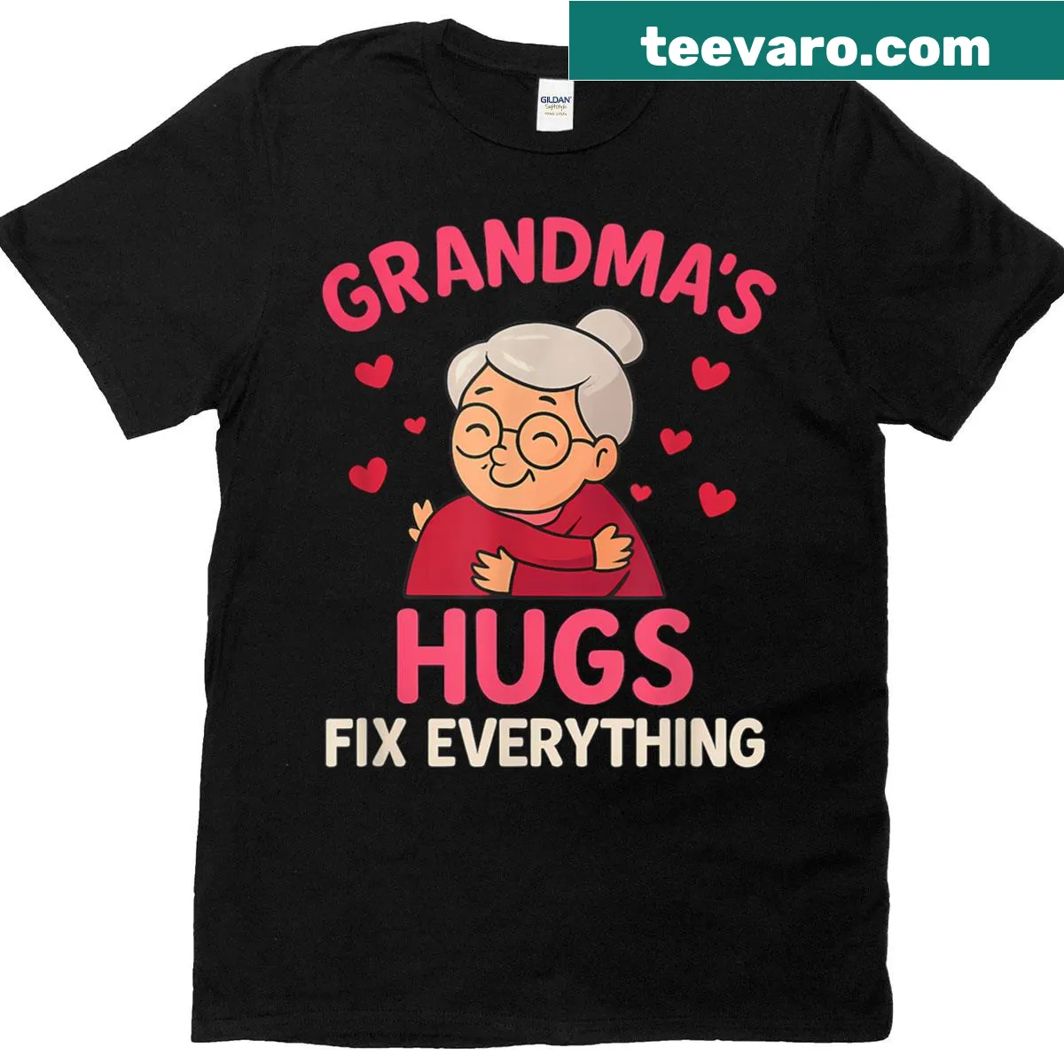 Funny t-shirt proclaiming that Grandma's hugs fix everything — on a men's t-shirt