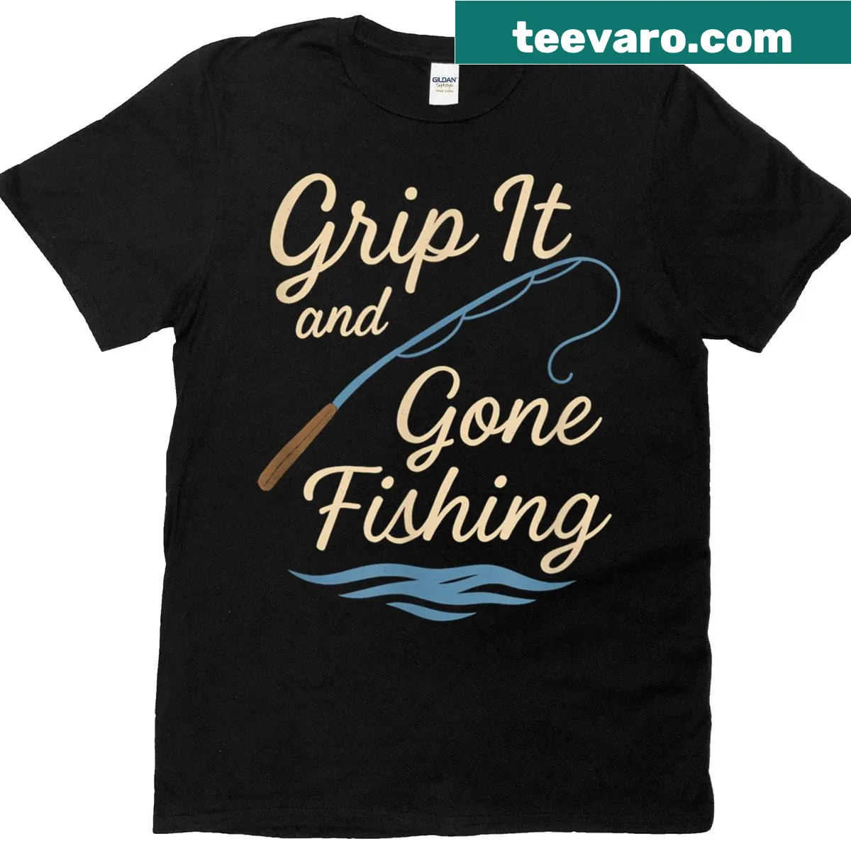 Graphic t-shirt with fishing and golf theme, playful text — on a men's t-shirt