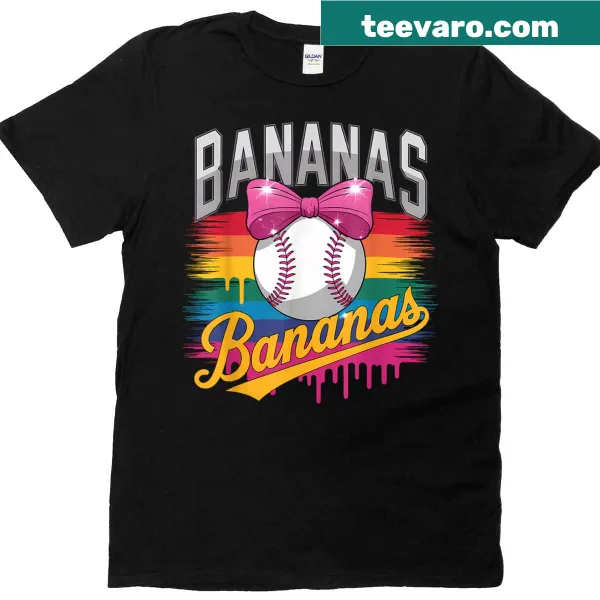 Playful t-shirt with cartoon bananas and pink bows for girls
