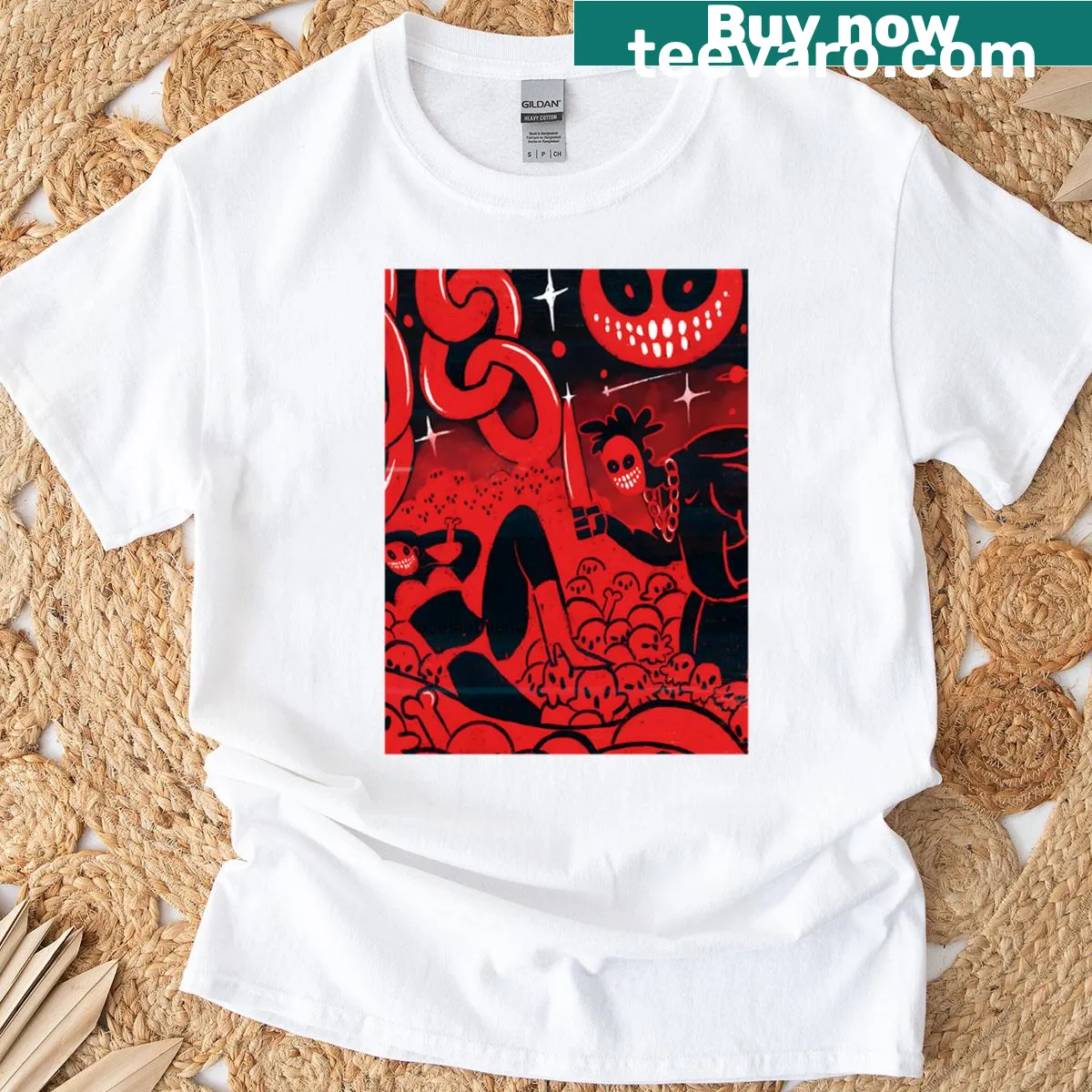 Couple T-shirt featuring Halloween horror art with skulls — on a men's t-shirt