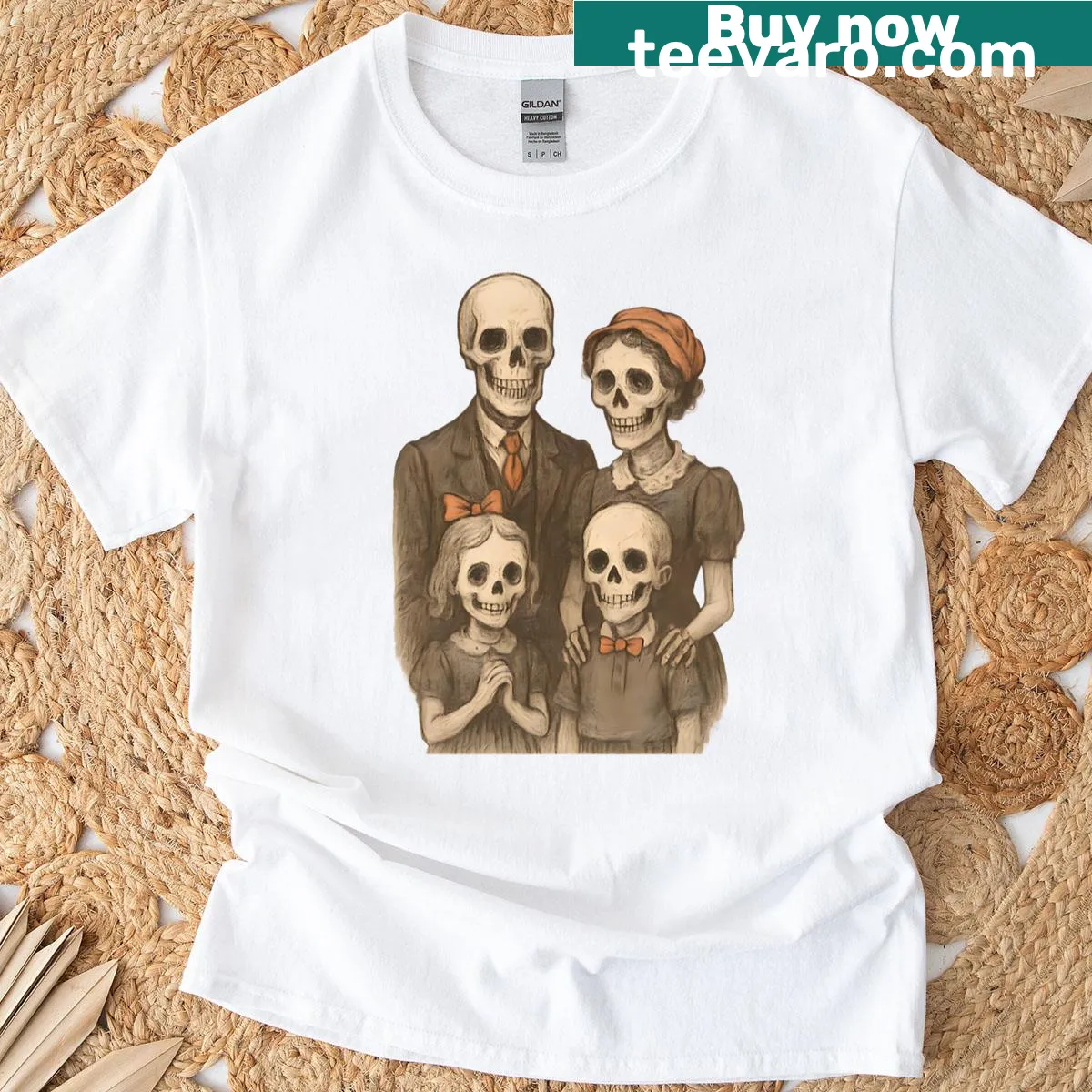 Whimsical skeleton family design in a Halloween Town setting — on a men's t-shirt