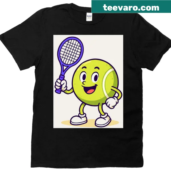 Oversized t-shirt with happy cartoon tennis ball and racket illustration