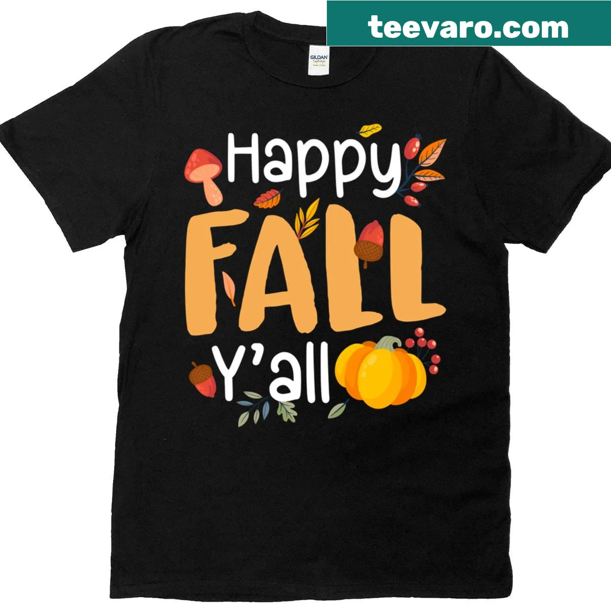 Typography shirt with Happy Fall Y'all text and a pumpkin graphic — on a men's t-shirt