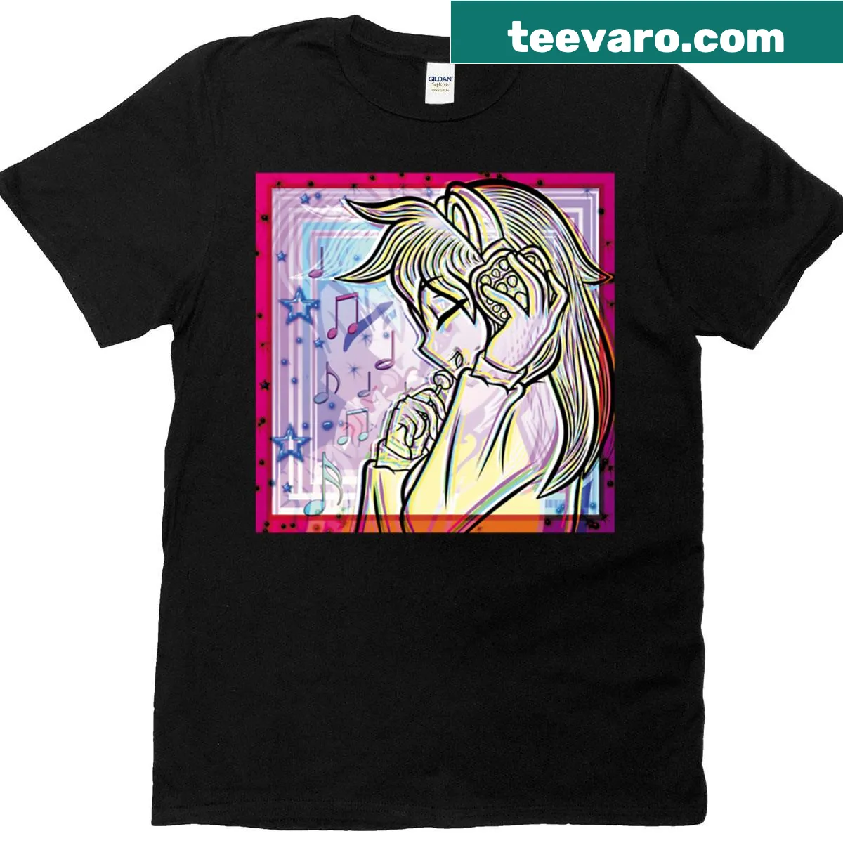 Oversized T-shirt with happy music-themed illustration — on a men's t-shirt