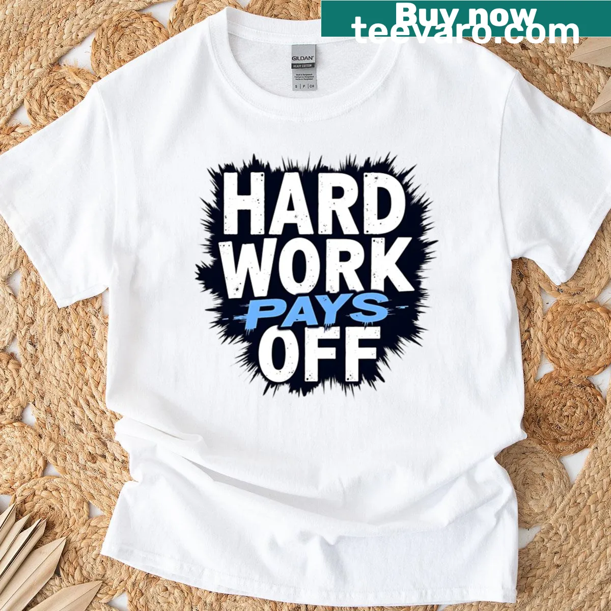 Motivational t-shirt with 'Hard Work Always Pays Off' phrase — on a men's t-shirt