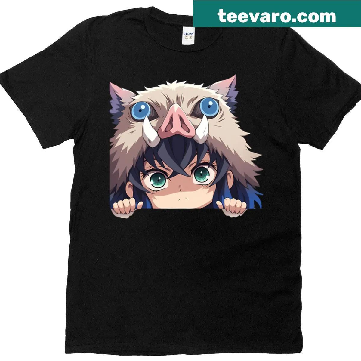 Kawaii design of Hashibira Inosuke peeking out in cartoon style — on a men's t-shirt