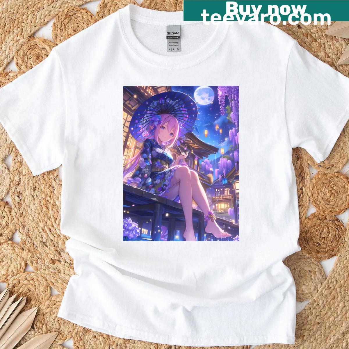 Anime girl with umbrella in moonlight illustration on T-shirt — on a men's t-shirt