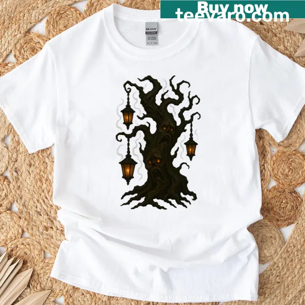 T-shirt featuring a haunted tree with spooky faces for Halloween