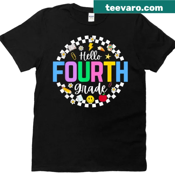 Hello 4th Grade t-shirt with checkered design for teachers