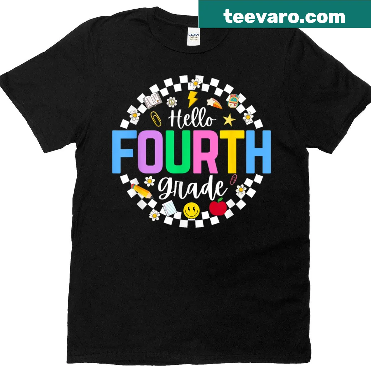 Hello 4th Grade t-shirt with checkered design for teachers — on a men's t-shirt