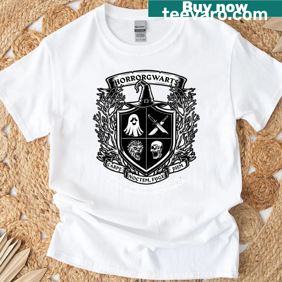 Oversized Horror Magic School-themed T-shirt with monster illustration — on a men's t-shirt