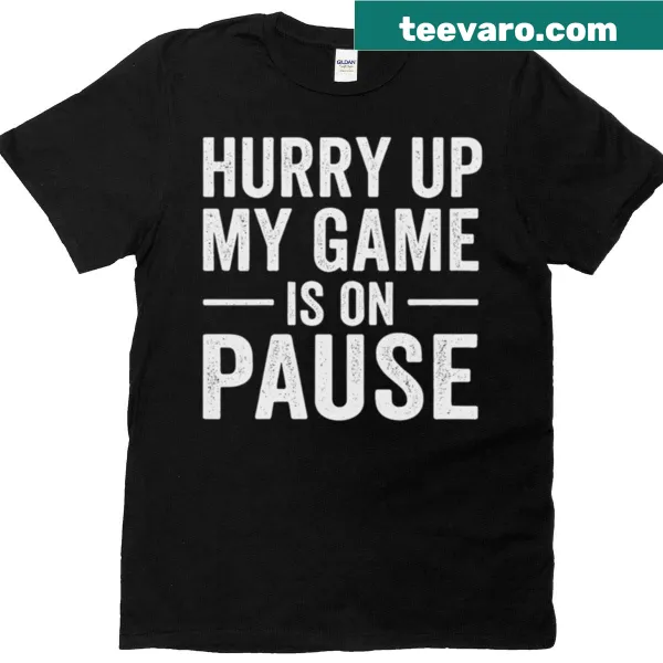 Humorous cartoon gamer t-shirt with text about pausing a game