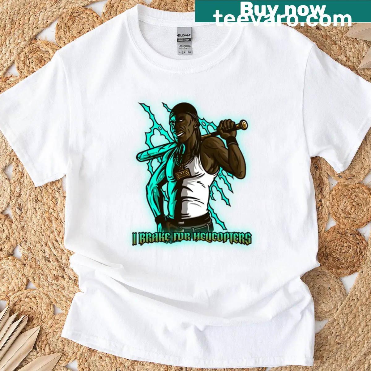 Funny gaming t-shirt with 'I Brake For Helicopters' phrase — on a men's t-shirt