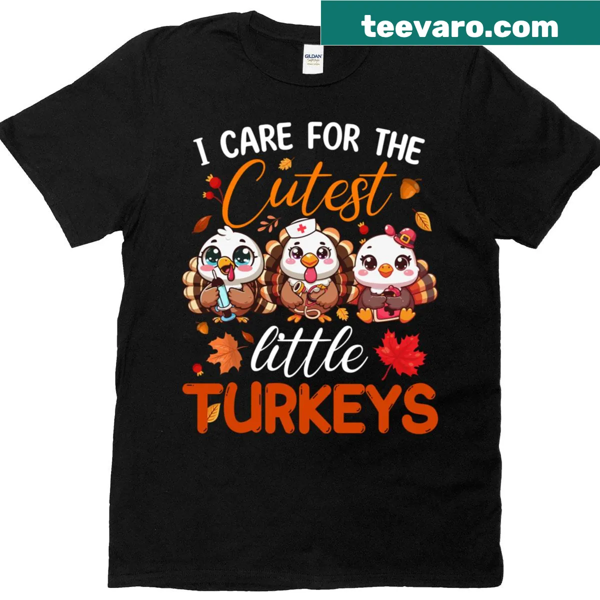 Thanksgiving nurse t-shirt with 'I Care For The Cutest Little Turkeys' text. — on a men's t-shirt
