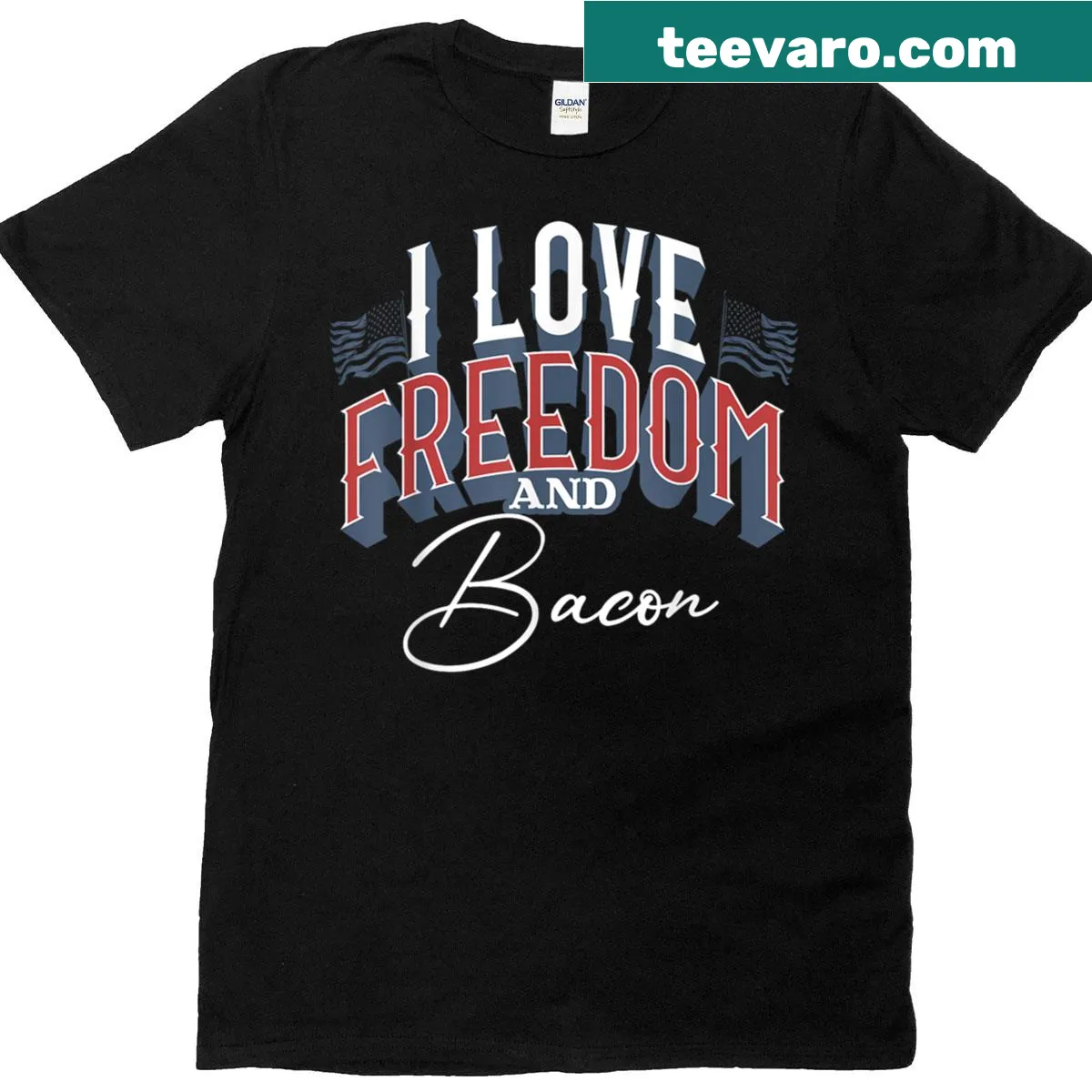 Funny patriotic t-shirt with bacon and freedom illustration — on a men's t-shirt