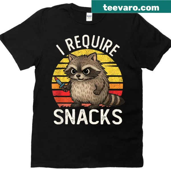 Cute raccoon t-shirt with the text 'I Require Snacks'