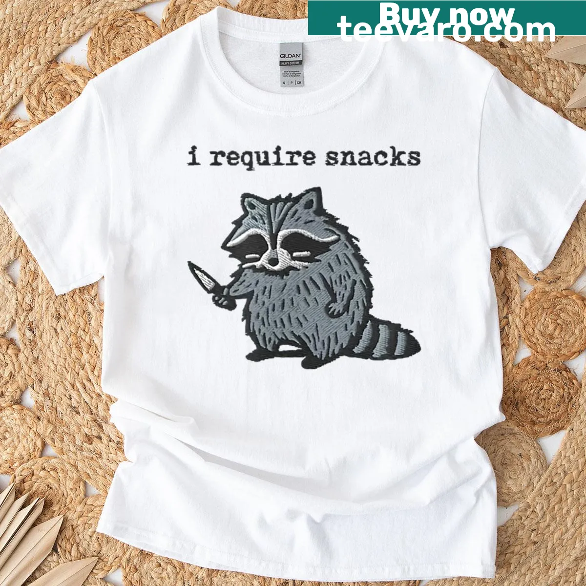 Cute raccoon graphic with text 'I Require Snacks' — on a men's t-shirt
