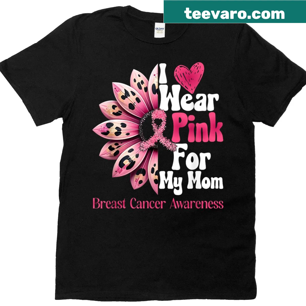 Breast cancer awareness t-shirt with 'I Wear Pink For My Mom' text and sunflower — on a men's t-shirt