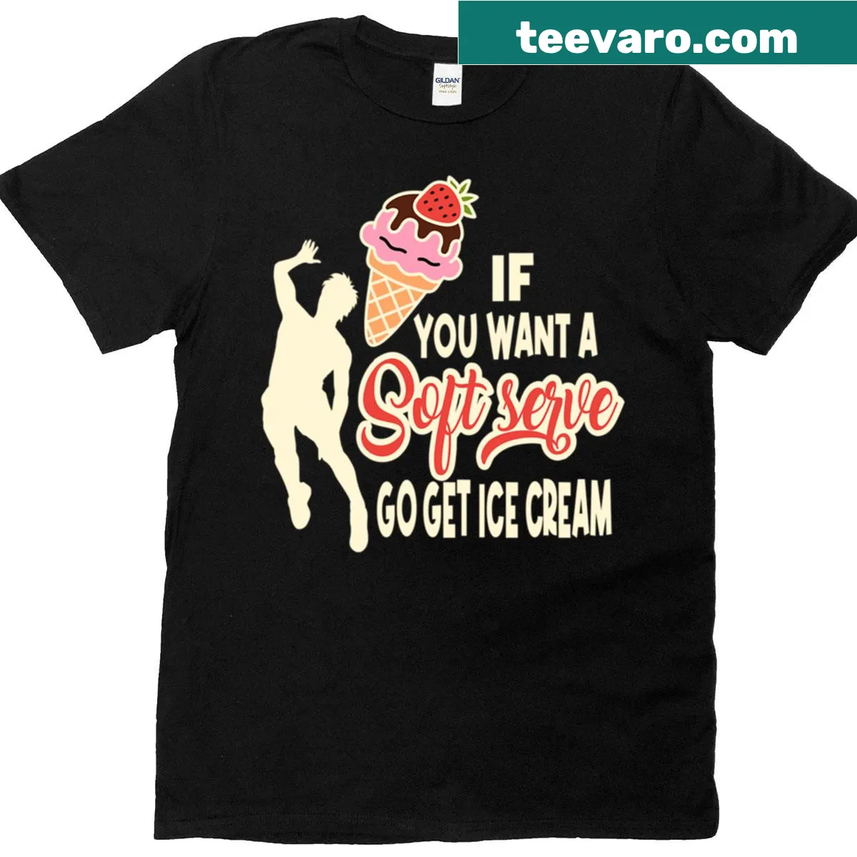 Funny volleyball t-shirt featuring an ice cream sticker graphic. — on a men's t-shirt