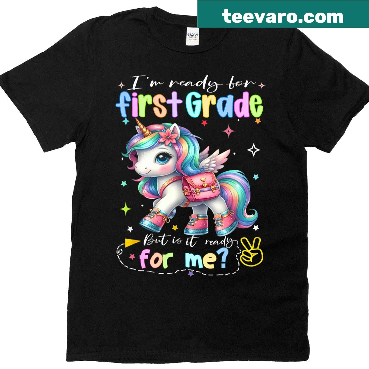 Whimsical t-shirt for kids with a unicorn and first grade theme. — on a men's t-shirt