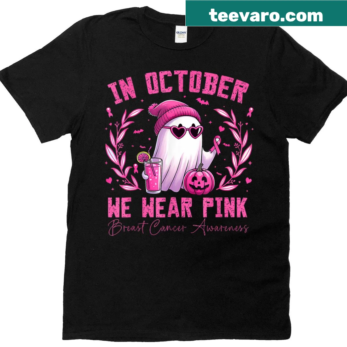 Breast cancer awareness t-shirt for Halloween with pink design — on a men's t-shirt