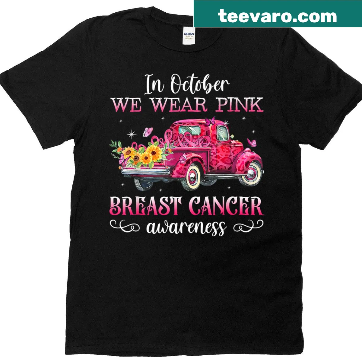 Pink truck graphic with the phrase 'In October We Wear Pink' — on a men's t-shirt
