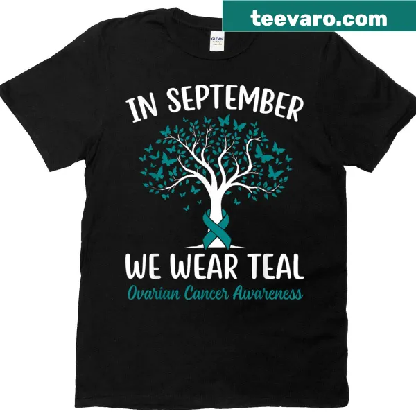 Teal butterfly graphic t-shirt for ovarian cancer awareness.