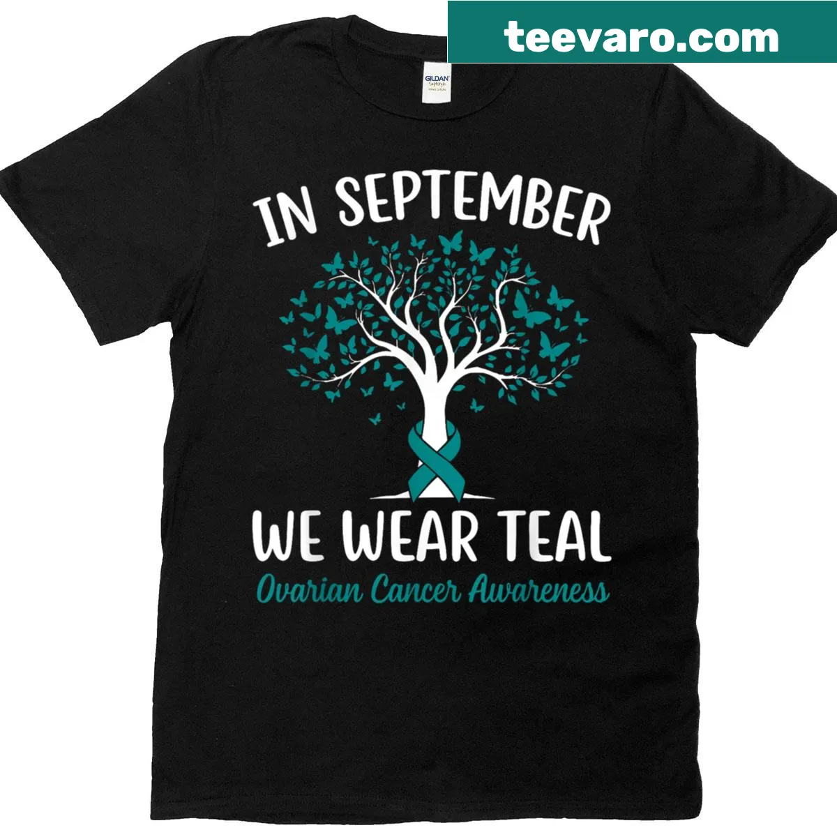 Teal butterfly graphic t-shirt for ovarian cancer awareness. — on a men's t-shirt