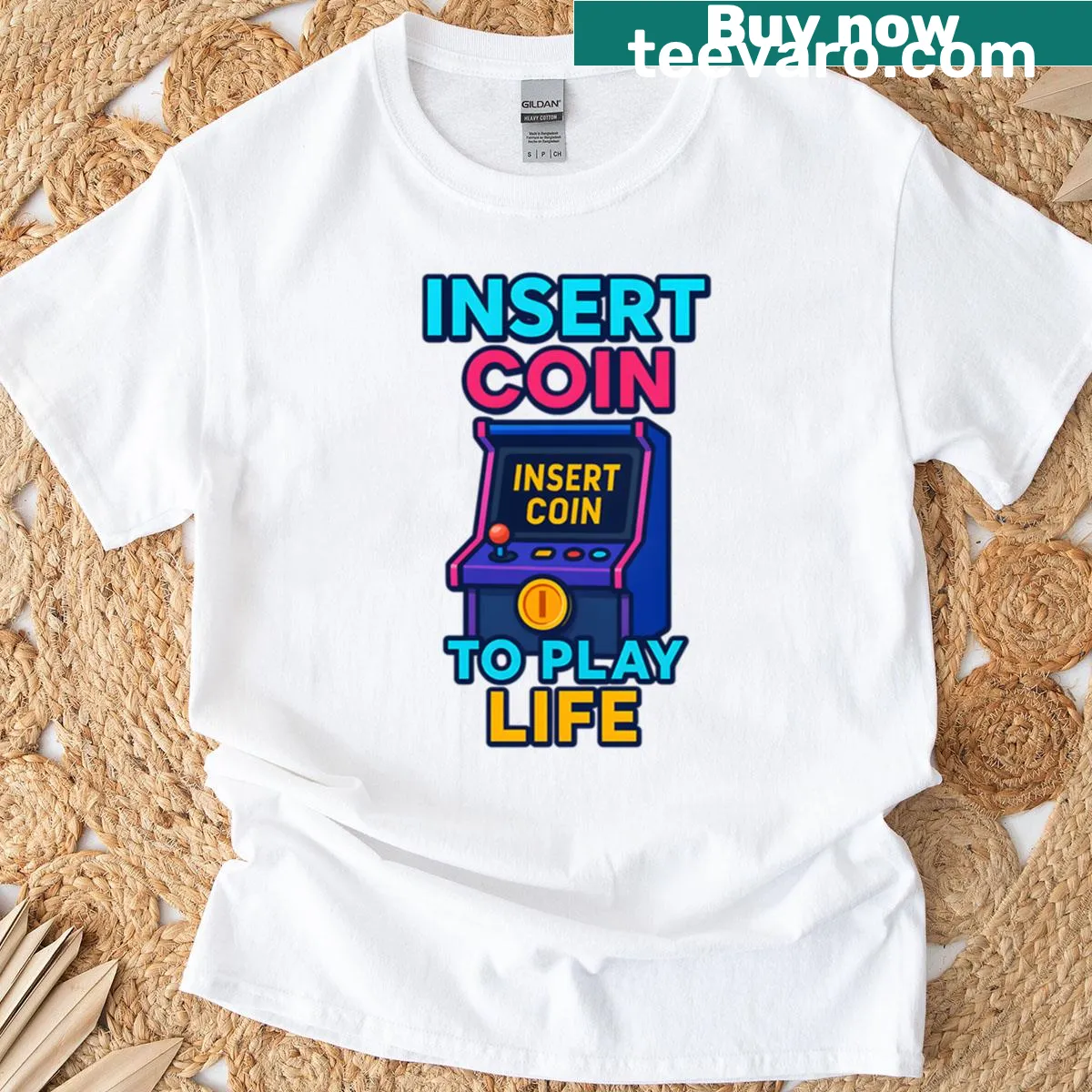 Oversized t-shirt with Insert Coin To Play Life arcade design — on a men's t-shirt