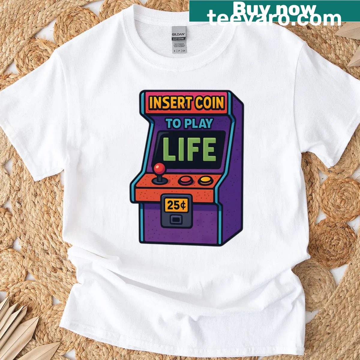 Oversized t-shirt with retro arcade design Insert Coin To Play Life — on a men's t-shirt