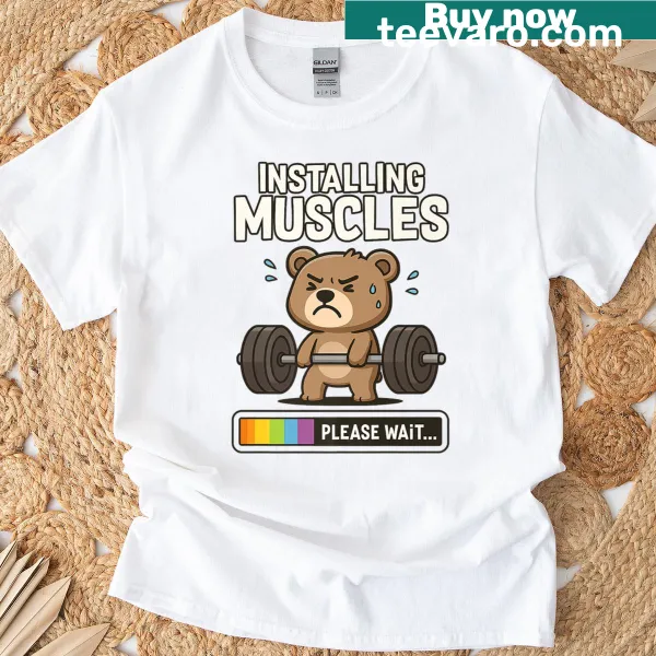 Funny gym bear design with text about installing muscles