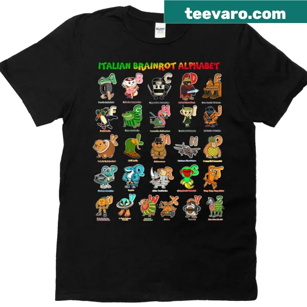 Funny meme character t-shirt with Italian Brainrot alphabet design