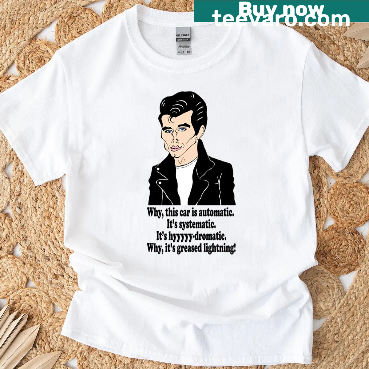 Fan art t-shirt featuring John Travolta from Grease — on a men's t-shirt