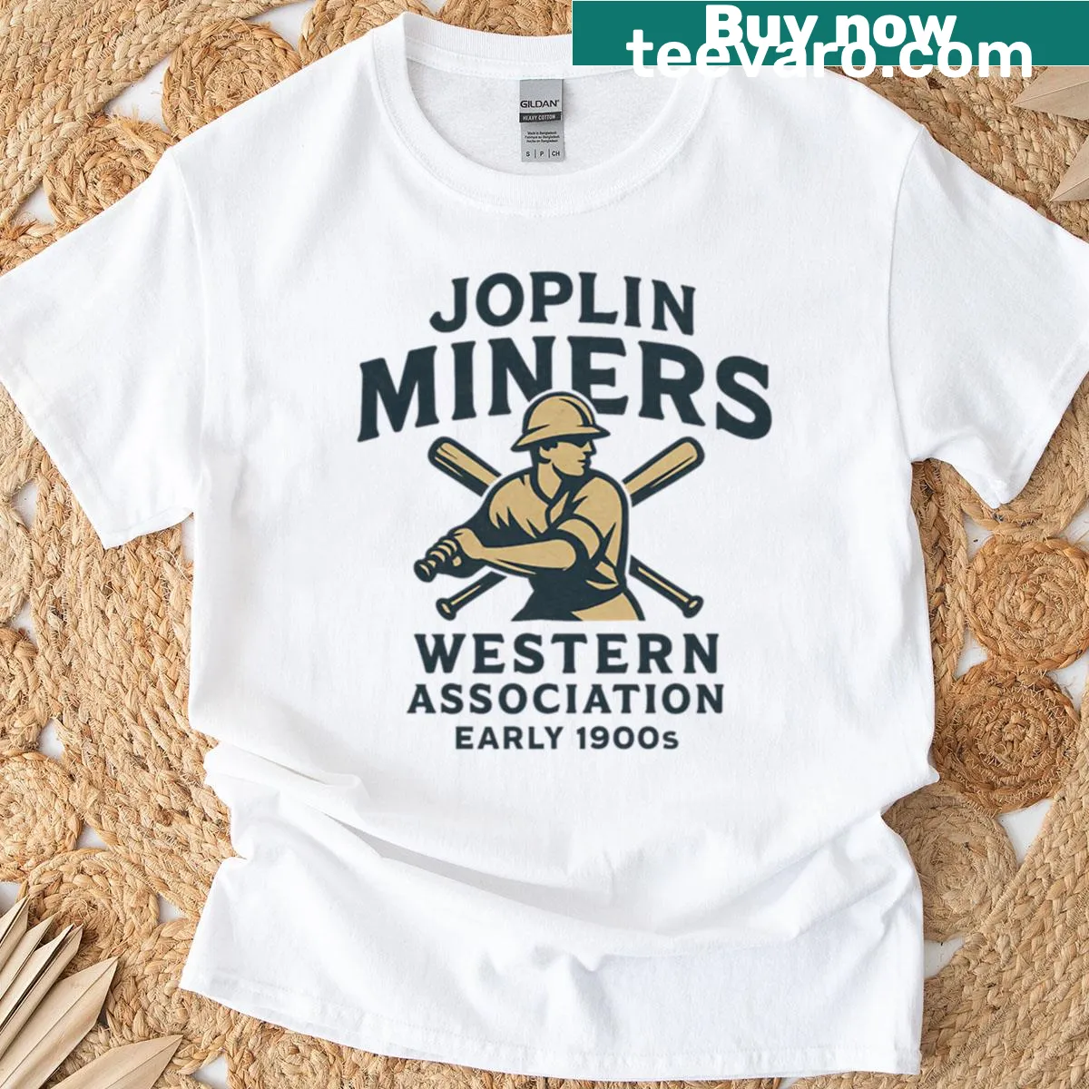 Vintage baseball logo t-shirt featuring Joplin Miners — on a men's t-shirt