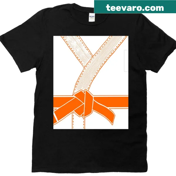 Graphic of an orange judo belt on a T-shirt for martial arts enthusiasts