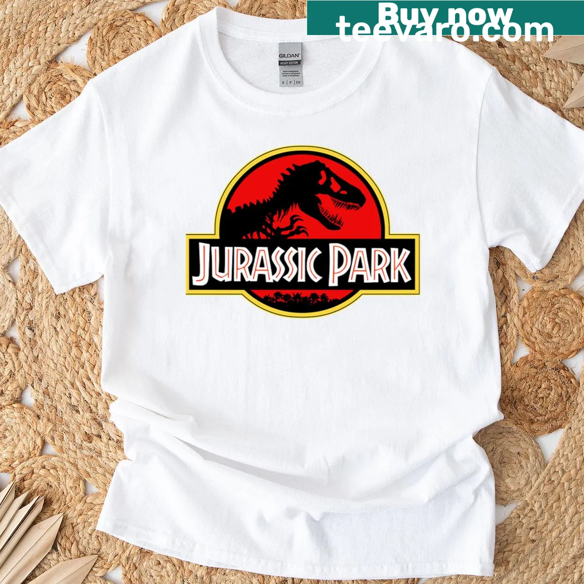 T-shirt featuring a design inspired by Jurassic Park — on a men's t-shirt