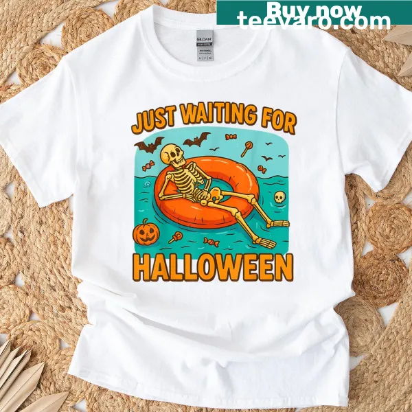 Funny Halloween T-shirt with a skeleton floating on a float