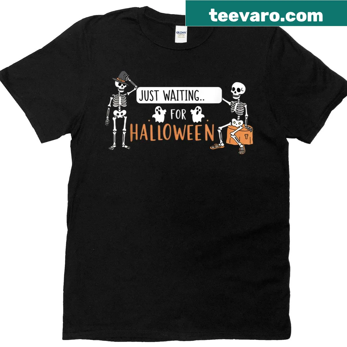 Humorous skeleton on a beach graphic for Halloween-themed t-shirt — on a men's t-shirt