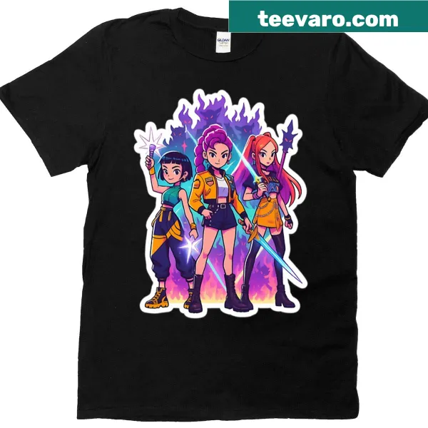 K-pop themed t-shirt featuring a demon hunter squad illustration.
