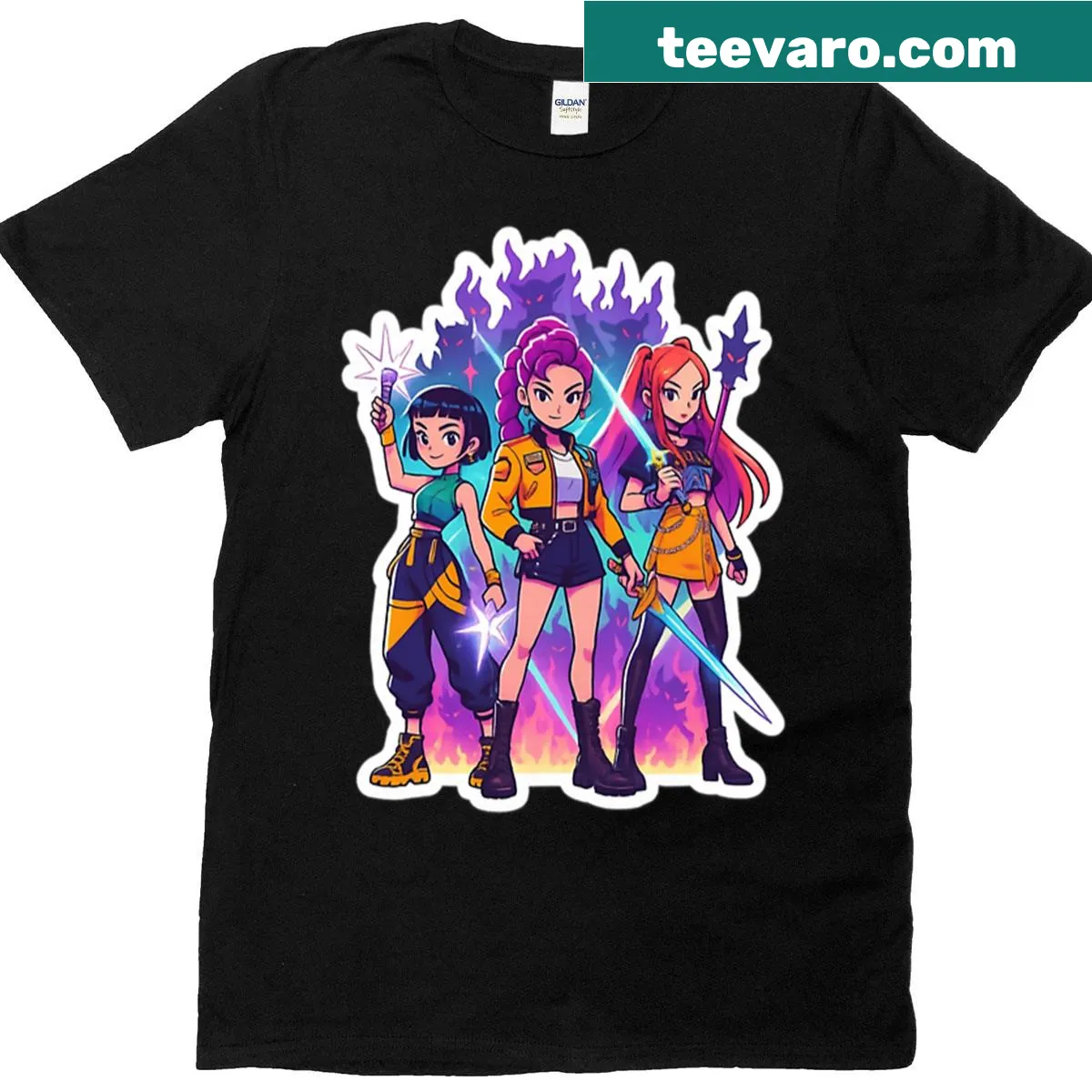 K-pop themed t-shirt featuring a demon hunter squad illustration. — on a men's t-shirt