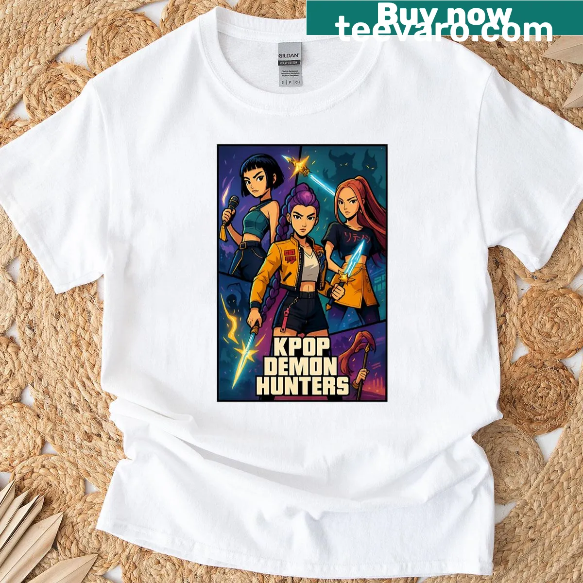 GTA style oversized tee featuring K-pop demon hunters graphic — on a men's t-shirt