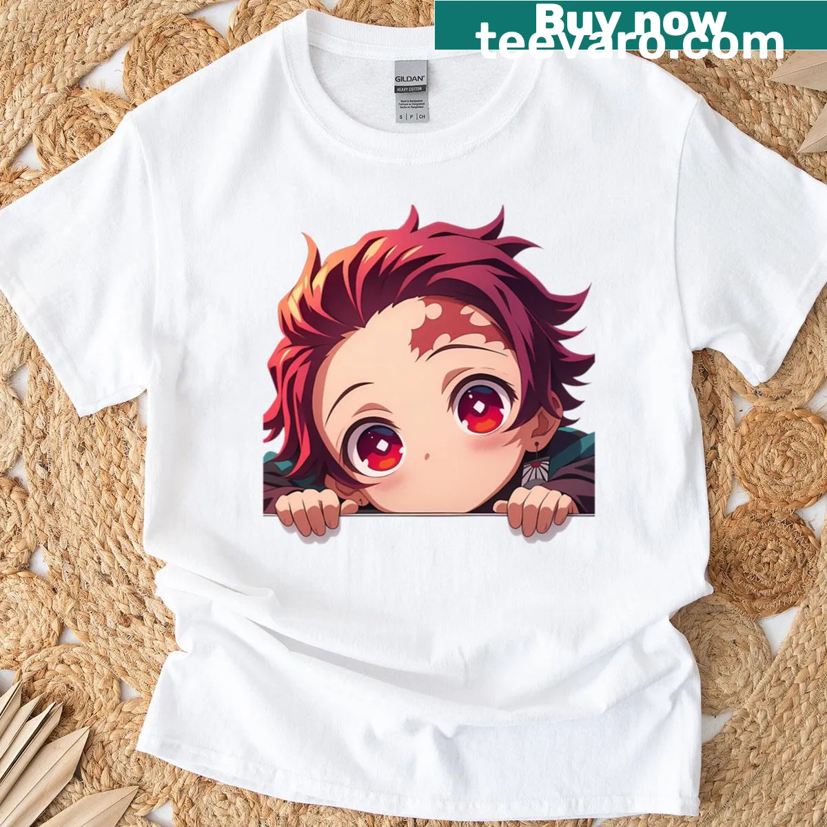 Kawaii peeker design of Kamado Tanjiro from Demon Slayer — on a men's t-shirt