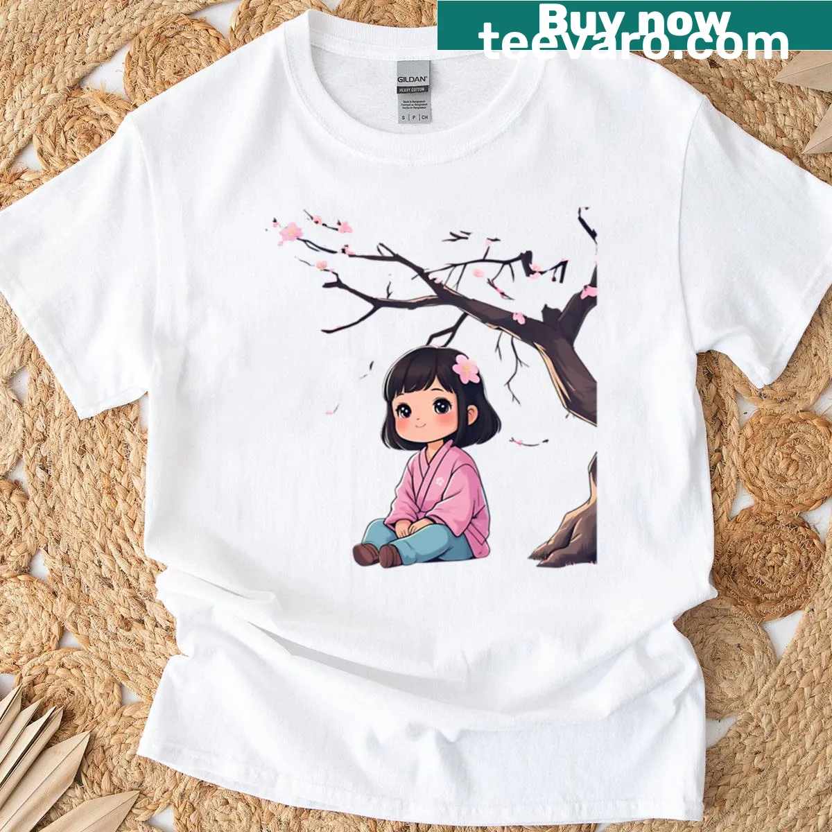 Cute anime girl surrounded by cherry blossoms t-shirt — on a men's t-shirt