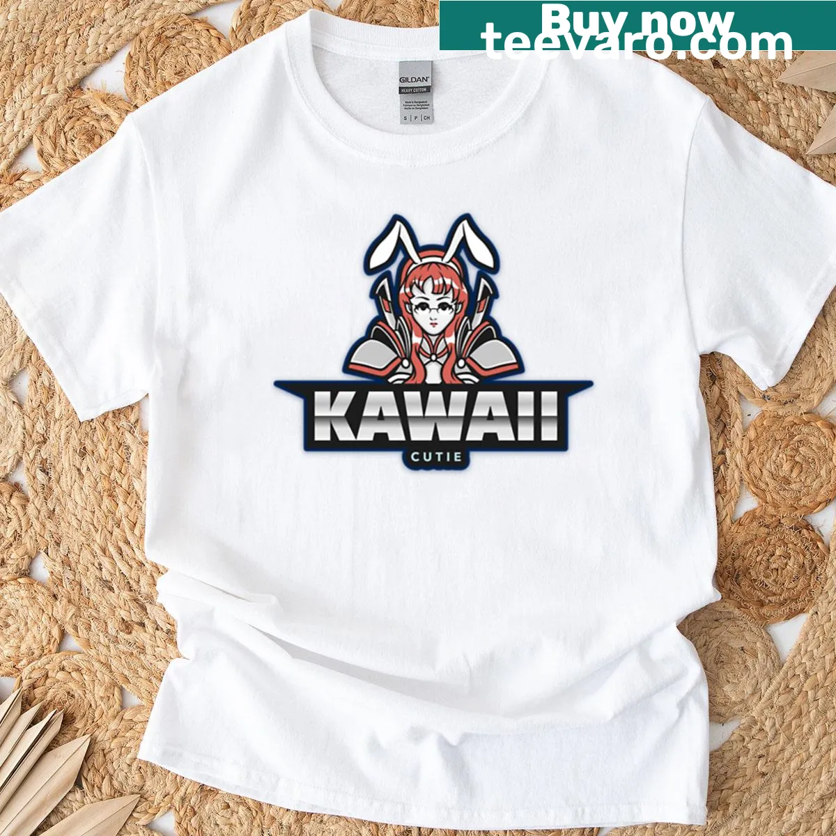 Kawaii T-shirt featuring a bunny-eared anime warrior girl — on a men's t-shirt